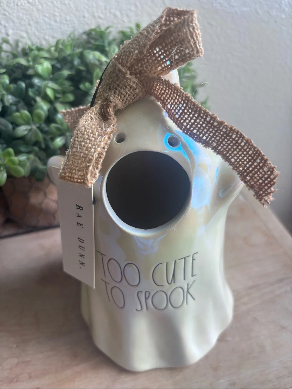 Rae Dunn Iridescent Cream Ghost Vase with Burlap Bow